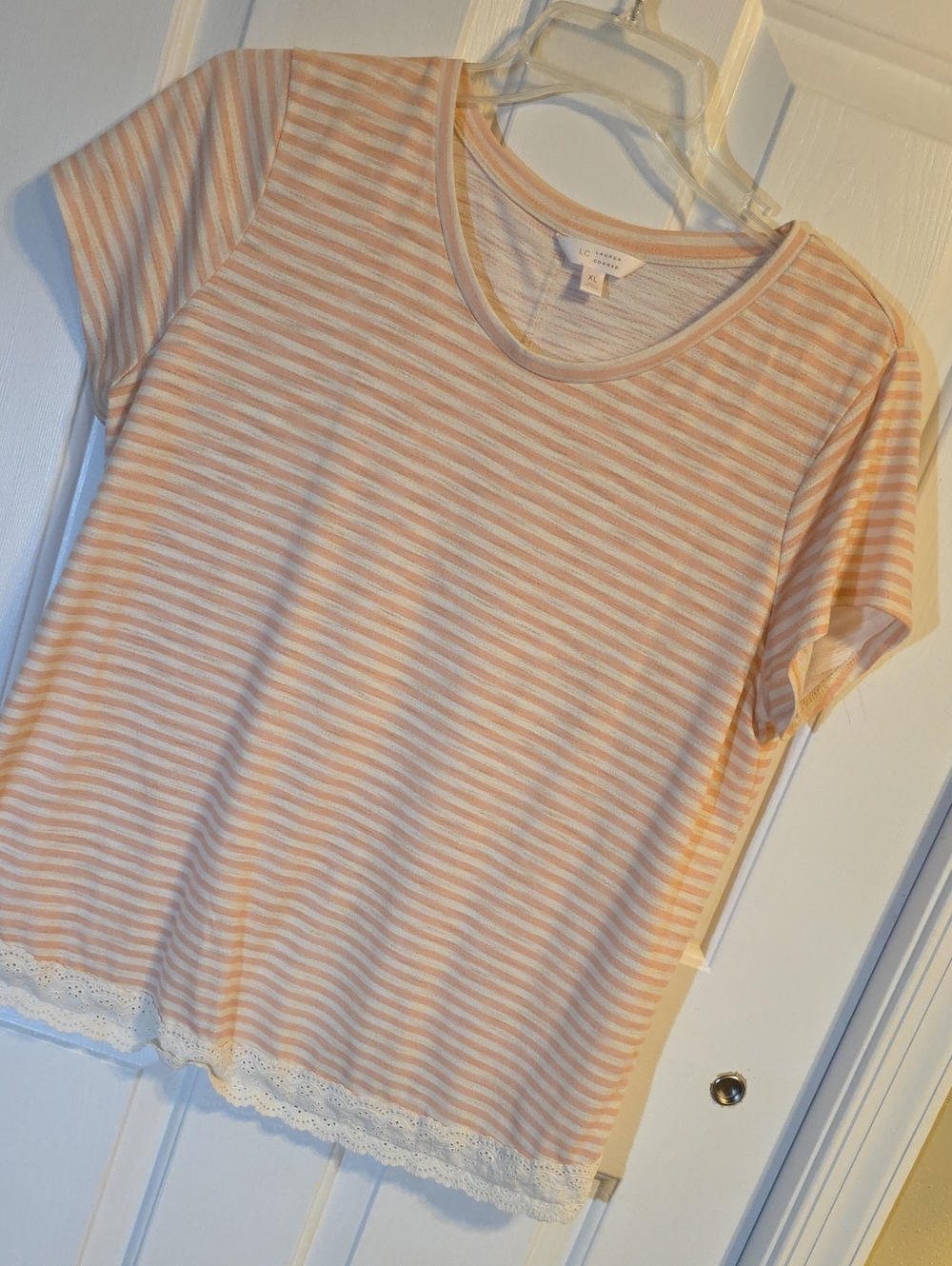 LC Lauren Conrad Peach & White Striped Short Sleeve Tee with Lace Hem